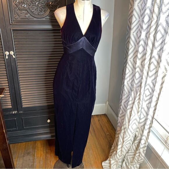 90s Vintage De Laru Linda Bernell Velvet Gown‎ Front Slit Bow Rhinestone 5/6 - Picture 16 of 16